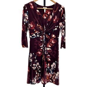 Soma Jersey Knit Stretch Ruched Front 3/4 Length Sleeve Floral Dress Sz M